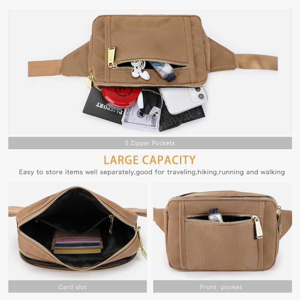 ZORFIN Fanny Pack Belt Bag 5 Zipper Pockets Crossbody Bag with Adjustable Belt - Picture 5 of 9
